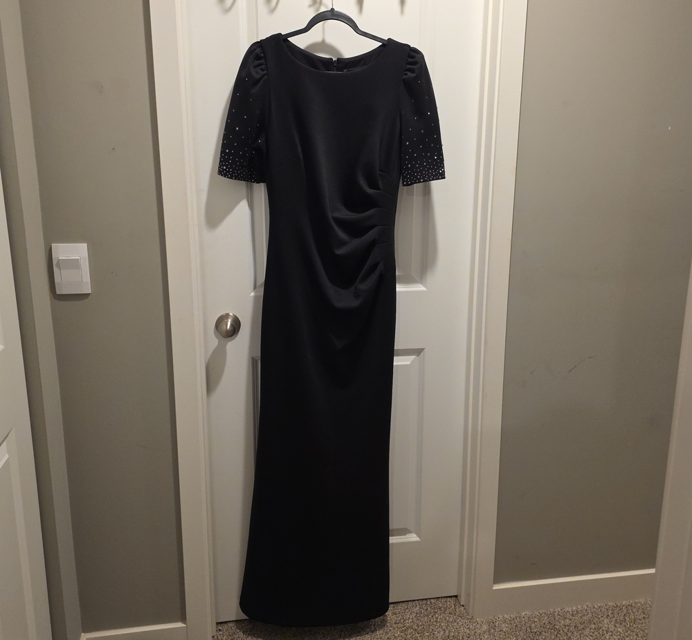 Xscape Black Beaded Short Sleeve Maxi Dress